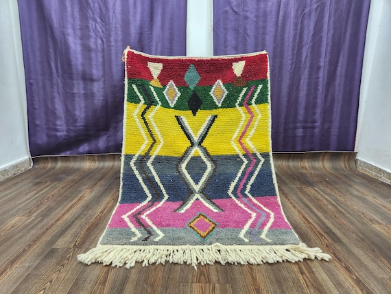 Azilal Wool Rug, Moroccan Berber Style, Colorful Geometric (Custom Size)