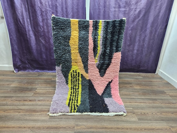Moroccan Berber Wool Rug - Handmade Boho with Black Details