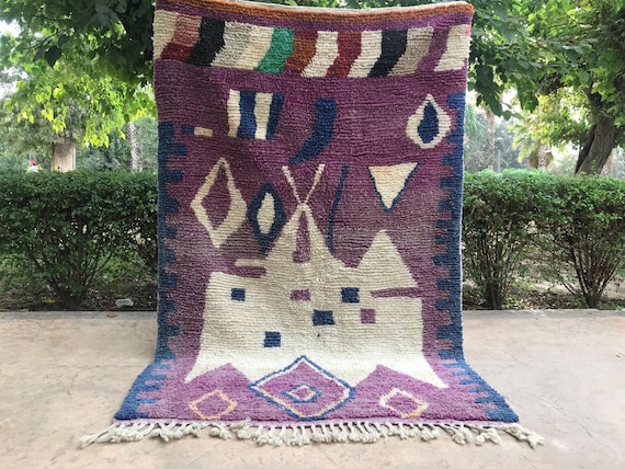 Lavender Wool Rug, Moroccan Beni Ourain Floral (Handwoven, Soft Texture)