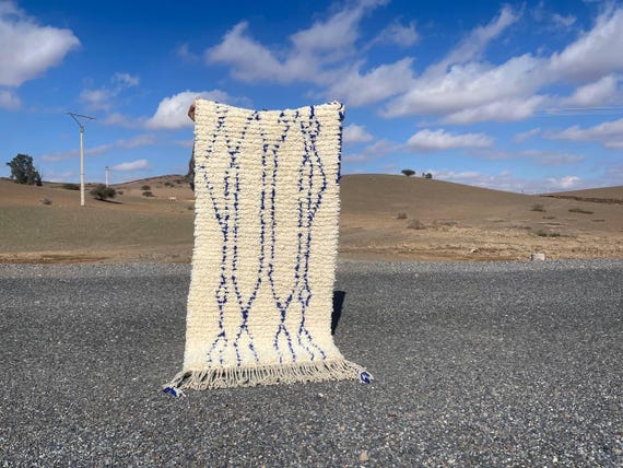 Moroccan Area Rug: White and Blue Berber Design (Soft Wool, Handmade)
