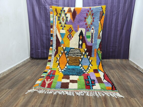 Handmade Moroccan Berber Wool Rug: Moss Green, Blue Beni Ourain Style  handemade rugs