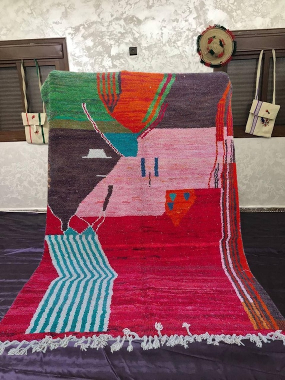 Moroccan Boujaad Rug: Red and Pink Wool, Shaggy Texture