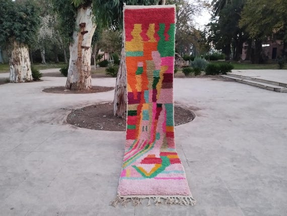 Boho Moroccan Wool Runner Rug, Berber Patterns (Handmade, Custom Size)
