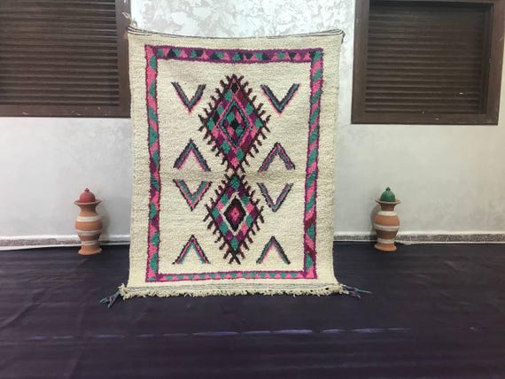 Pink and White Azilal Wool Rug - Handknotted Moroccan Carpet