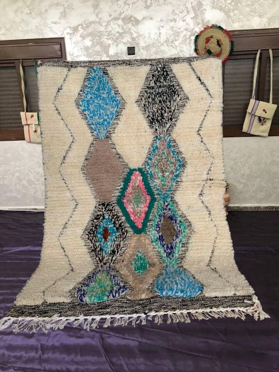 Blue and White Moroccan Boujaad Rug: Handmade Wool, Custom Sizes