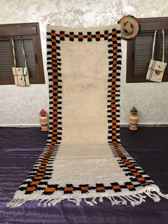 Handwoven Tuareg Rug - Orange White Wool with Tassels