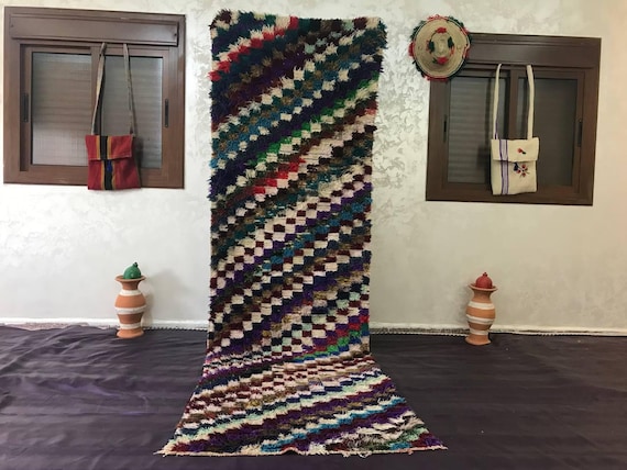 Boho Moroccan Rug Runner, Pink Boujad Style (5x2 ft, Upcycled Cotton)