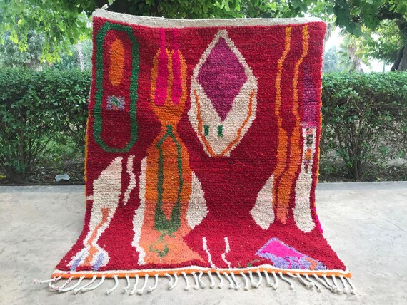 Beni Ourain Rug: Bold Red Checkered Wool - Handmade Moroccan Style