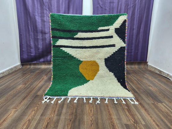 Moroccan Wool Rug: Green and Black Checkerboard, 7x9 or Custom