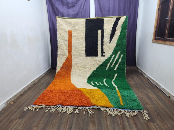 Berber Wool Rug: Handmade Moroccan Shaggy Style (Green, Living Room)