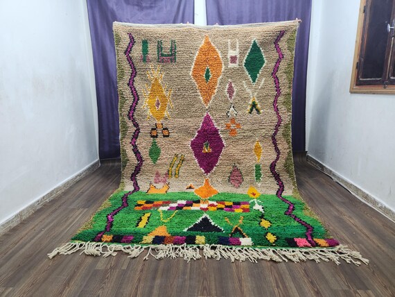 Moroccan Berber Rug: Hand-Knotted Wool - Beige and Green Pattern