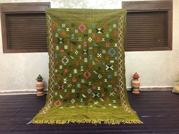 Berber Wool Kilim Rug, Green Azilal Style, Colorful Patterns (Handmade)