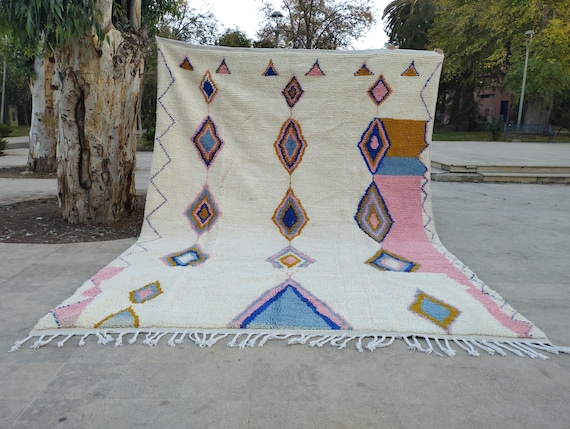 Berber Wool Rug, Moroccan Boho Style, Geometric Patterns (Handwoven)