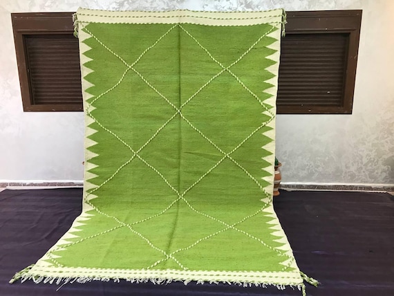 Berber Kilim Rug: Green and White Lattice - Handmade Wool Flatweave