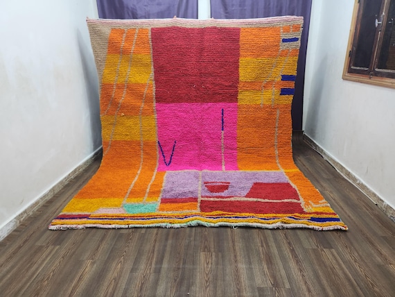 Colorful Berber Wool Rug: Cream Base with Vibrant Geometric Accents