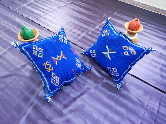 Cactus Silk Pillow: Large Blue Sabra Cover, Moroccan Wool Cushion