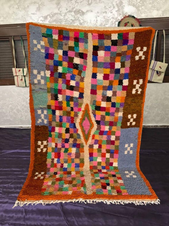 Colorful Moroccan Berber Rug: Wool Checkered, Burnt Orange 10x14