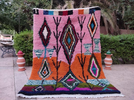 Boho Wool Berber Rug, Tribal Diamond Pattern, Pink Orange (Handmade)