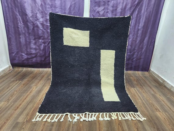 Moroccan Berber Rug: Black and White Wool, 8x10 Boho Carpet