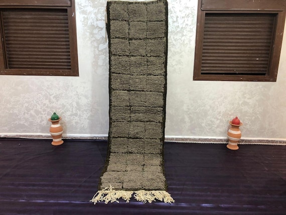 Moroccan Runner Rug - Handwoven Wool, Black Geometric Design