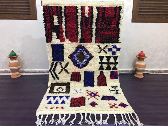 Berber Wool Rug, Moroccan Style, Ivory with Colorful Grid (8x9 ft)