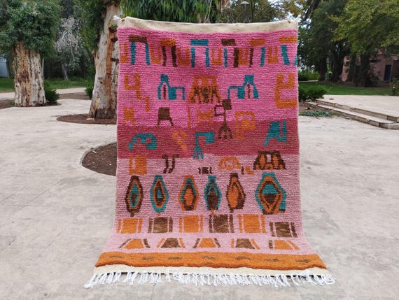 Boho Wool Moroccan Rug, Pink Berber Azilal (Handmade, Custom Sizes)