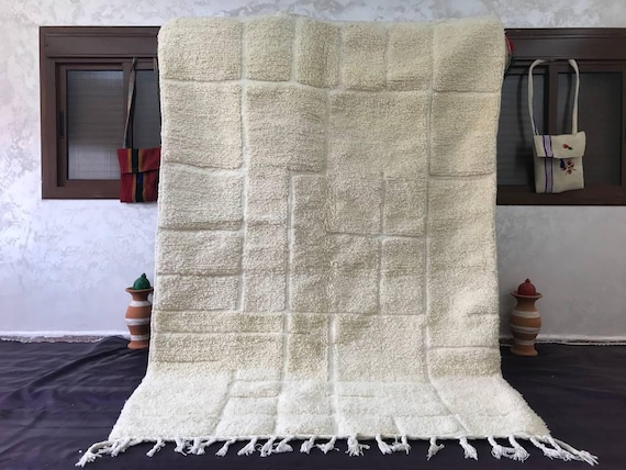 Moroccan Berber Wool Rug, Cream Grid, White (Handmade XXL)