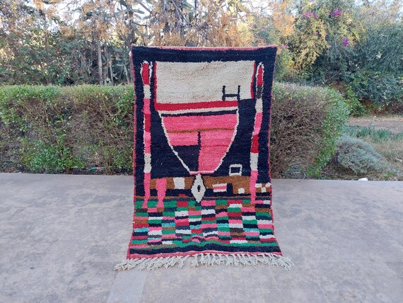 Moroccan Wool Rug: Pink Navy Tribal Design, Soft & Cozy