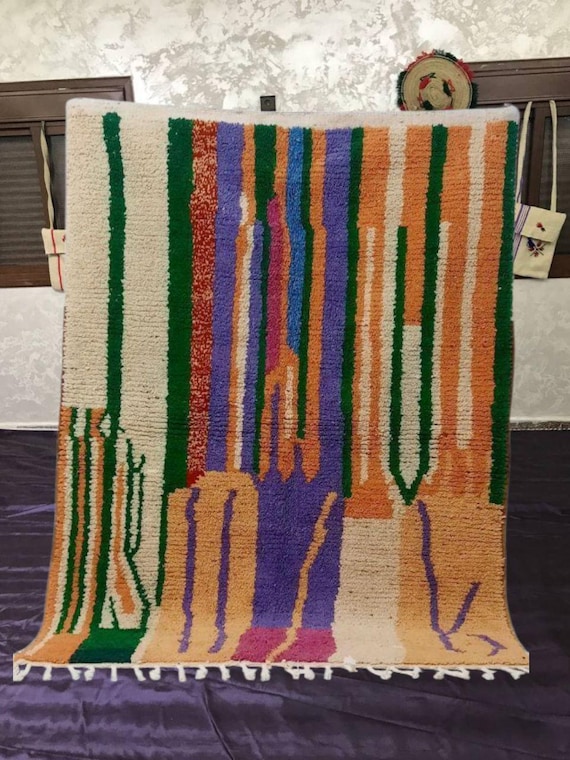 Retro Moroccan Wool Rug: Handmade Berber Stripes, Soft Texture