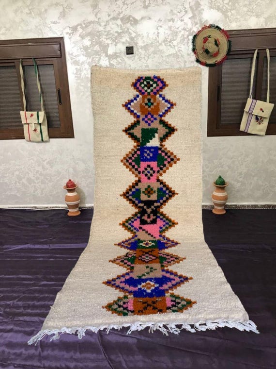 Berber Style Runner Rug: Moroccan Wool, Pink and Cream (Long Sizes)