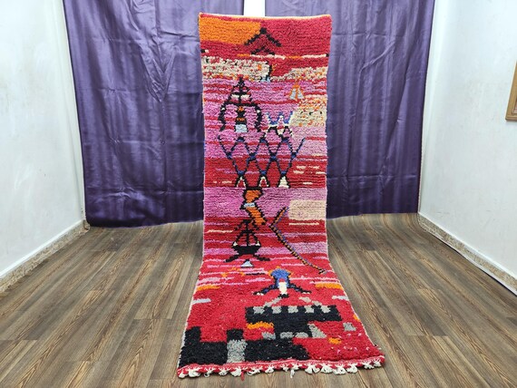 Hand-Knotted Moroccan Wool Rug Runner: Pink & Green Berber Design, desert chic decor