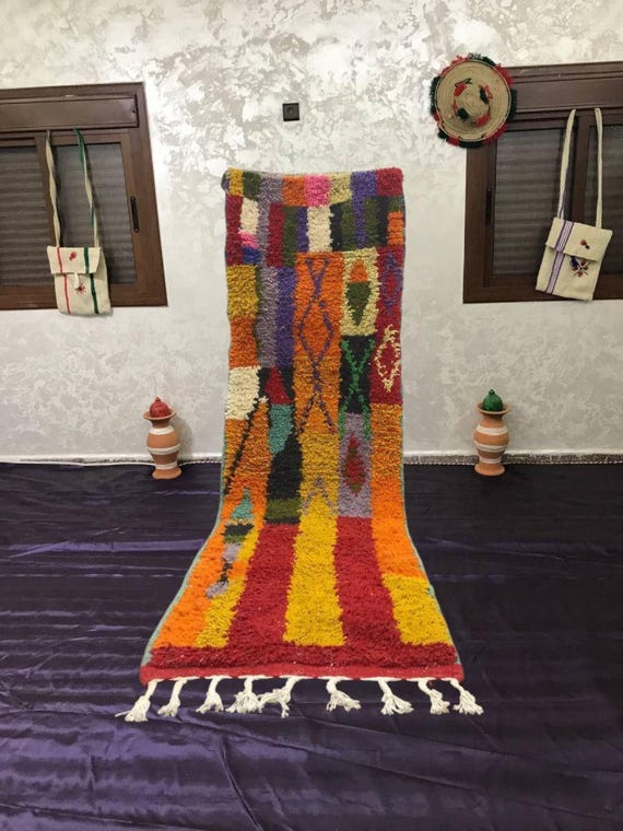 Moroccan Berber Runner Rug: Pink Moss and Yellow Wool Blend