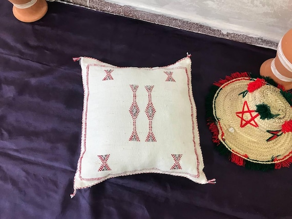 Moroccan Berber Floor Pouf - White Wool, Sun Pattern