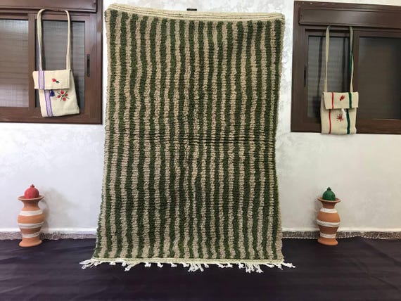 Moroccan Wool Rug: Boho Green Stripes (Handwoven 6x9 Feet)