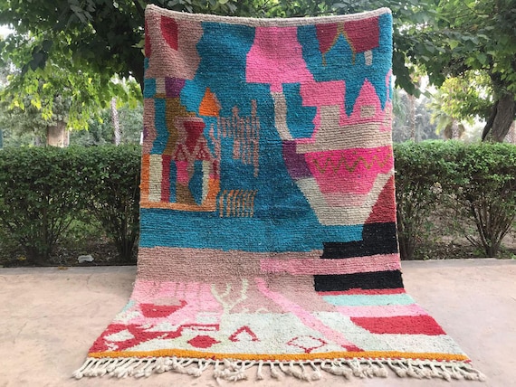 Moroccan Berber Wool Rug: Blue Geometric Patterns, Custom Sizes