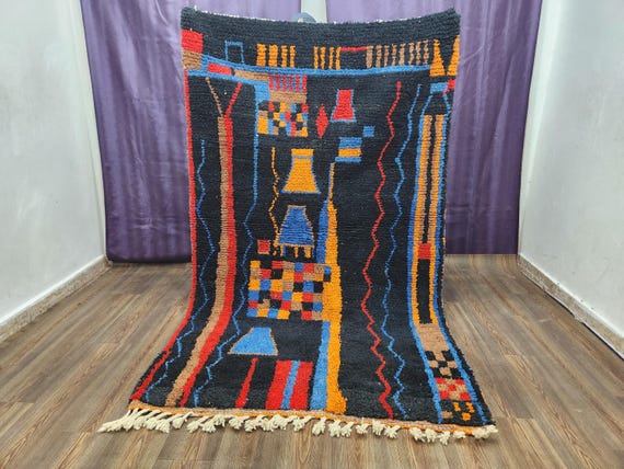 Moroccan Beni Ourain Rug - Black Wool, Cozy & Durable