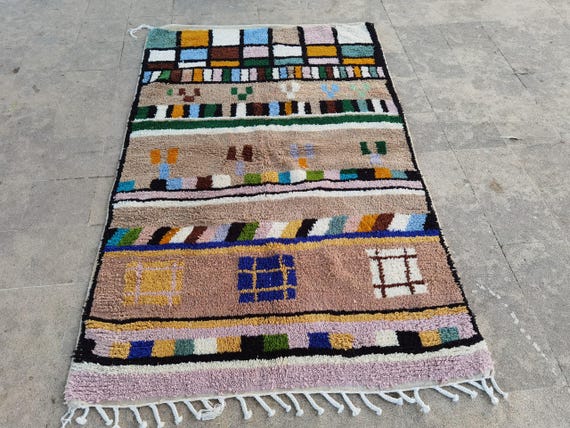 Moroccan Wool Rug, Boujaad Style, Colorful Geometric (Handwoven with Fringe)