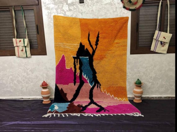 Moroccan Wool Rug: Handwoven Beni Ourian with Colorful Stripes