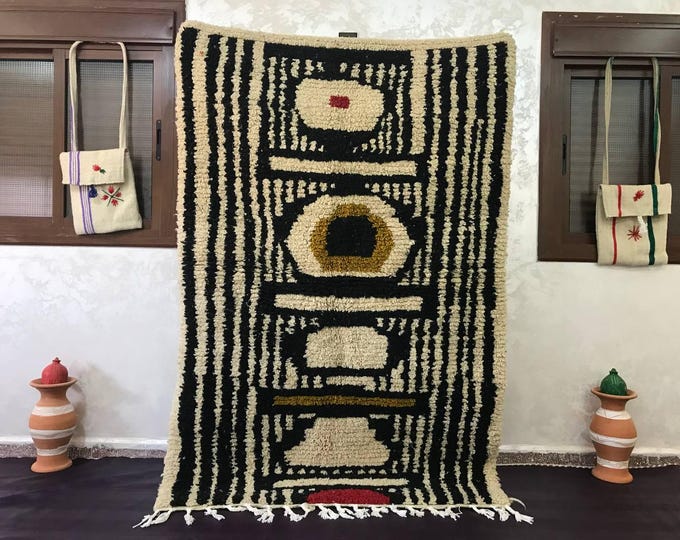 Featured listing image: Berber Moroccan Wool Rug, Black Cream Pattern (Handwoven 7x9)
