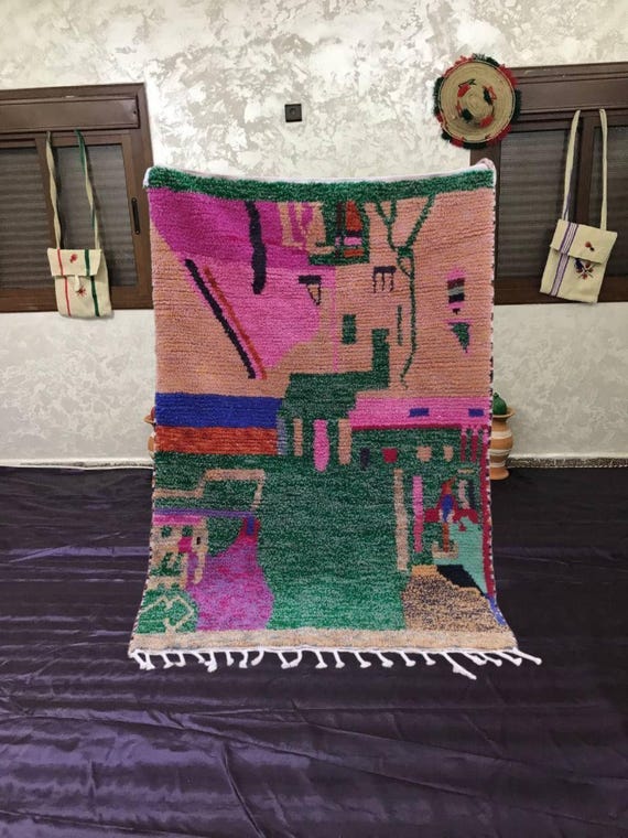 Boujad Berber Wool Rug, Pink Green Beige Geometric (8x10 Feet)