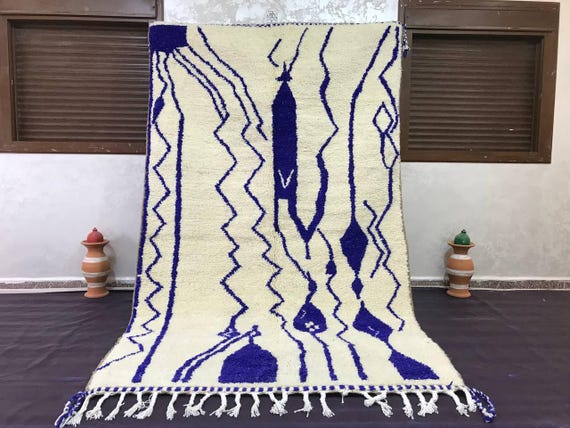 Handwoven Moroccan Wool Rug - Plush Blue Striped Design (8x10 ft)