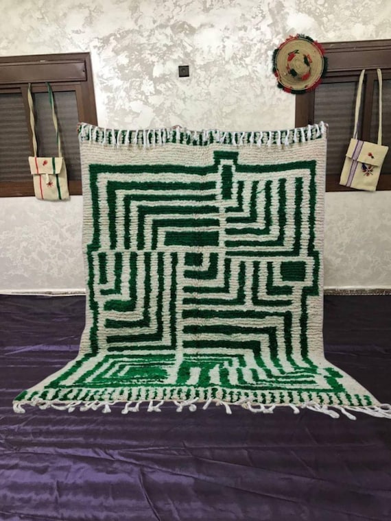 Moroccan Wool Rug: Green Striped Geometric Maze (Hand-Knotted, Fringed)