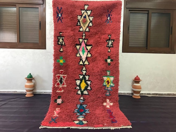 Moroccan Boujad Runner Rug, Handwoven Cotton, Red & Purple (5x2 ft)
