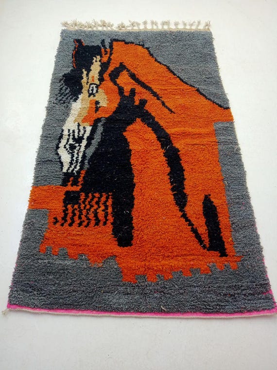 Moroccan Berber Wool Rug: Orange and Black Geometric Design