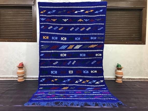 Moroccan Kilim Rug, Wool and Jute, Blue Mustard Geometric (7x9 ft)