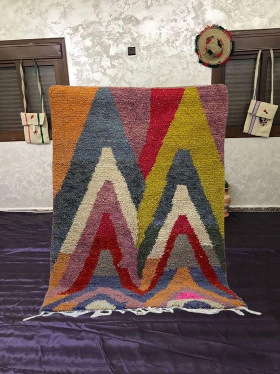 Berber Wool Rug, Moroccan Boujaad, Colorful Chevron Pattern (6x9 ft)