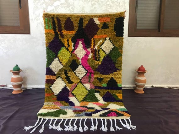 Moroccan Wool Rug: Green Berber Boujaad Style - Handmade Tassels