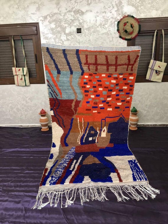 Berber Lambswool Rug: Handmade Orange Tumbleweed Design 7x10