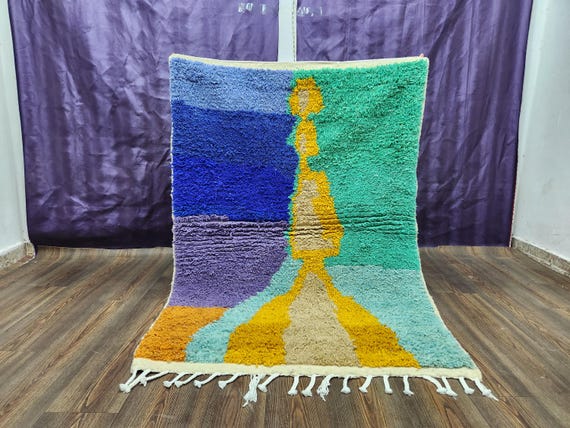 Orange and Blue Berber Rug, Hand-Knotted Moroccan Wool, Boho Chic