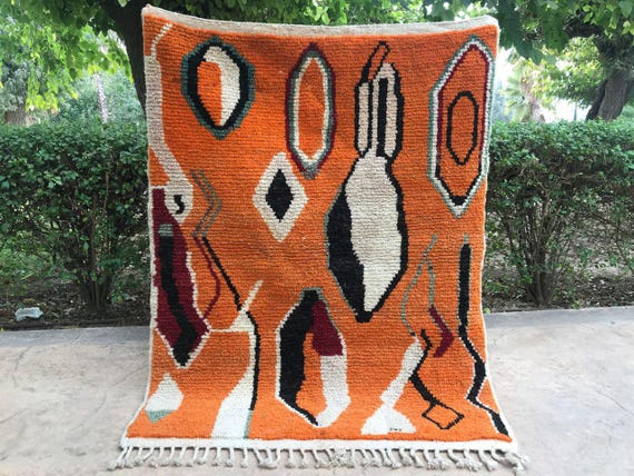 Moroccan Wool Rug: Bold Orange Boho Pattern with Teal Accents